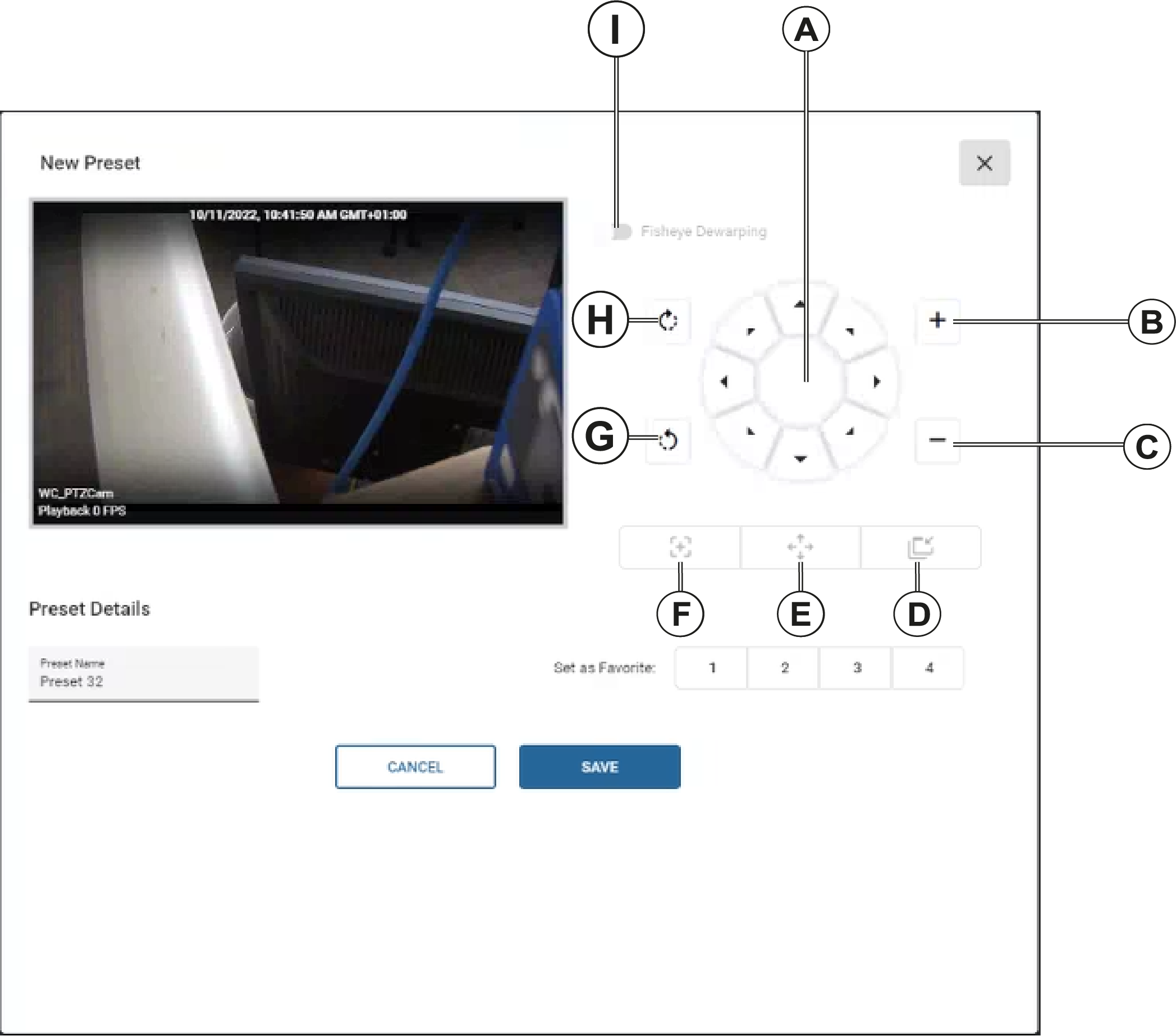 A screenshot of the New Preset window. The window contains a video pane, a Fisheye Dewarping toggle, preset directional controls, a Preset Name field, and a Set as Favorite field, along with a Cancel and Save button.