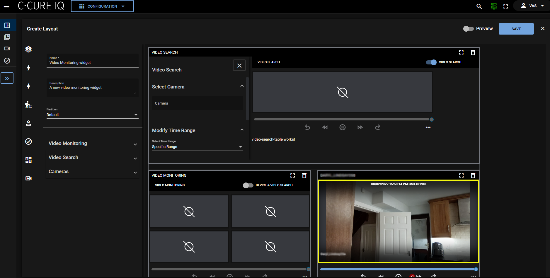 A screenshot of the configuration page for video monitoring layouts.
